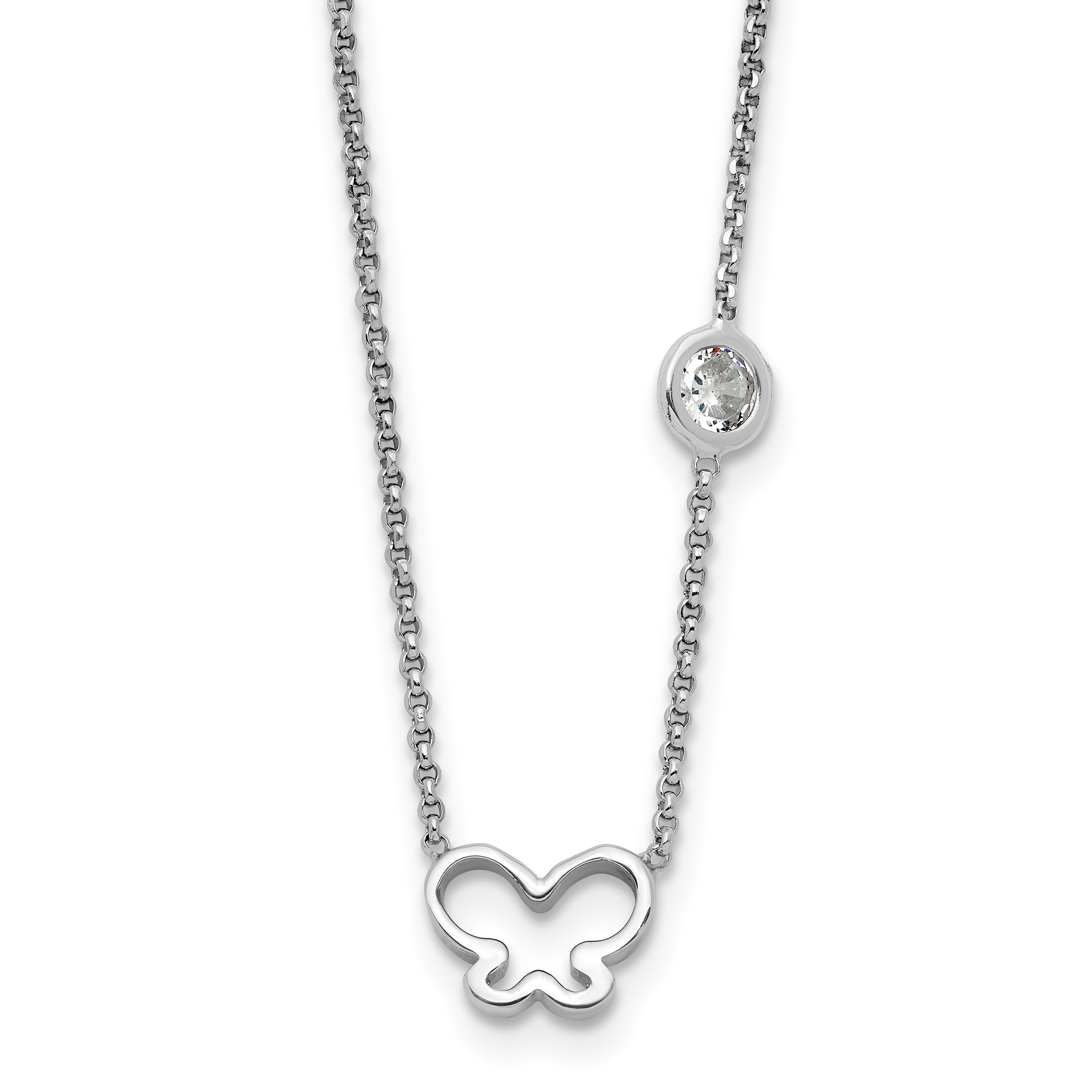 Sterling Silver Rhodium-Platedod-plated CZ & Butterfly w/ 2in Ext. Children's Necklace