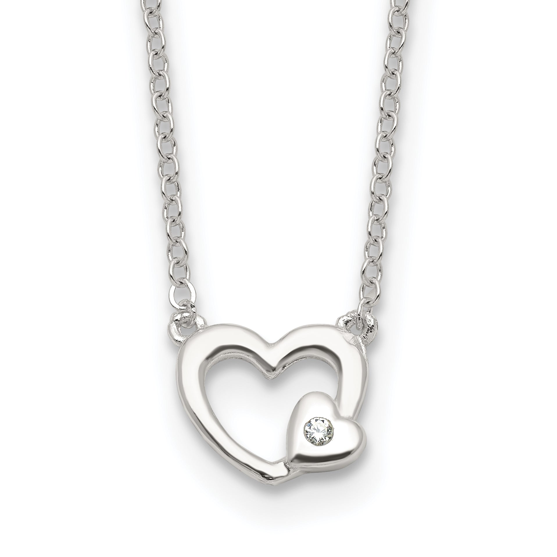 Sterling Silver E-Coating CZ Heart 16in With 2 Inch Extention Necklace