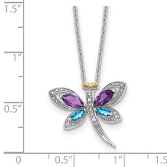 Sterling Silver/14k RH-pltd Amy/Bl Topaz/Dia. Dragonfly 18in w/2 ext Neckla