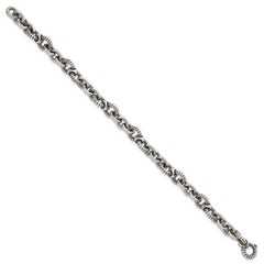Sterling Silver Oxidized Polished and Textured Round Fancy Cable Link Mens 8.25 inch Bracelet