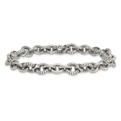 Sterling Silver Oxidized Polished and Textured Round Fancy Cable Link Mens 8.25 inch Bracelet