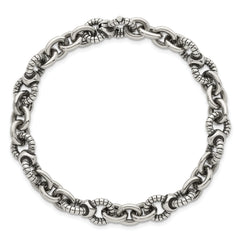 Sterling Silver Oxidized Polished and Textured Round Fancy Cable Link Mens 8.25 inch Bracelet