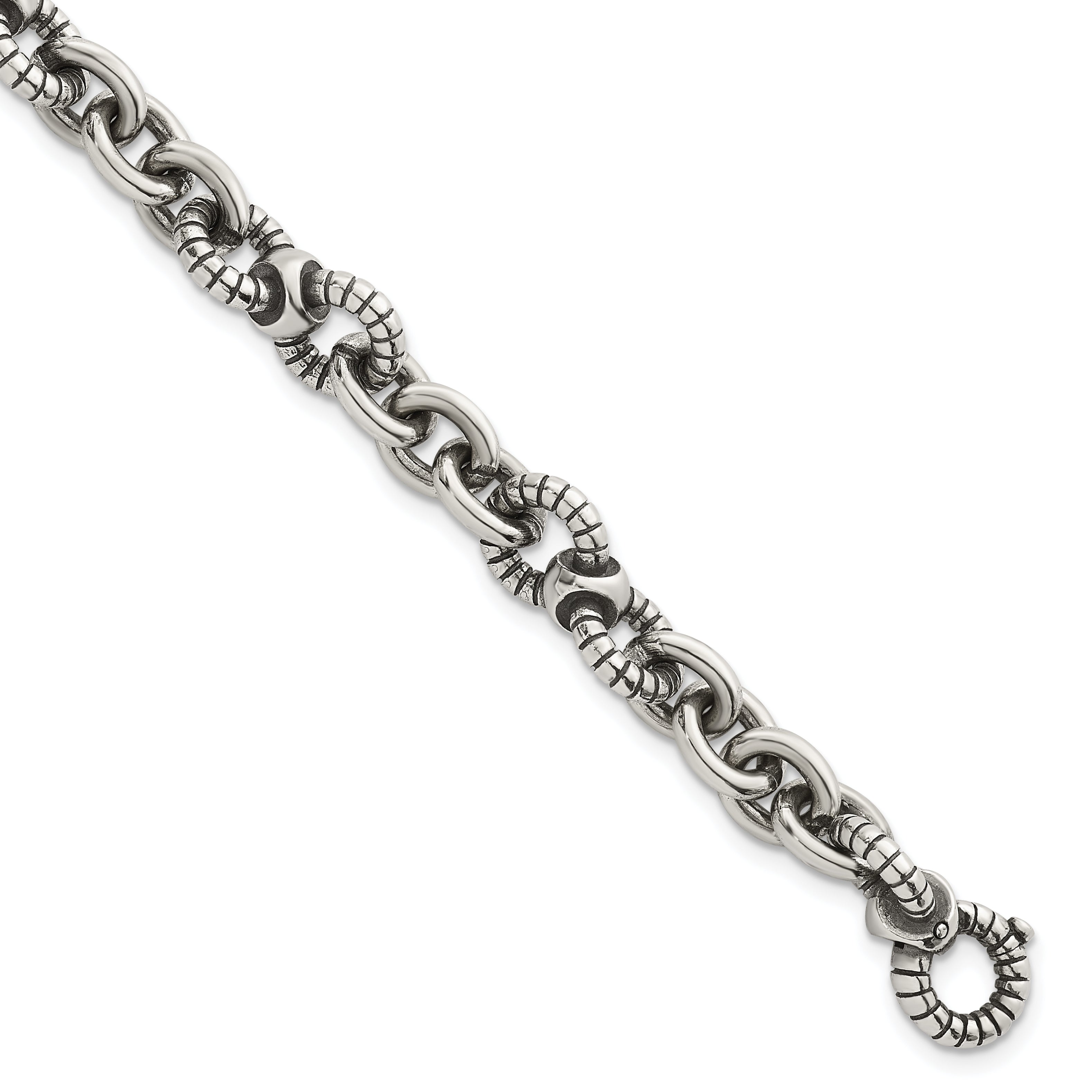 Sterling Silver Oxidized Polished and Textured Round Fancy Cable Link Mens 8.25 inch Bracelet