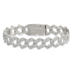 Sterling Silver Polished Fancy CZ Curb Link 8.5 Inch Mens Bracelet