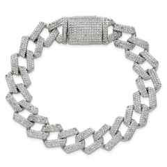 Sterling Silver Polished Fancy CZ Curb Link 8.5 Inch Mens Bracelet