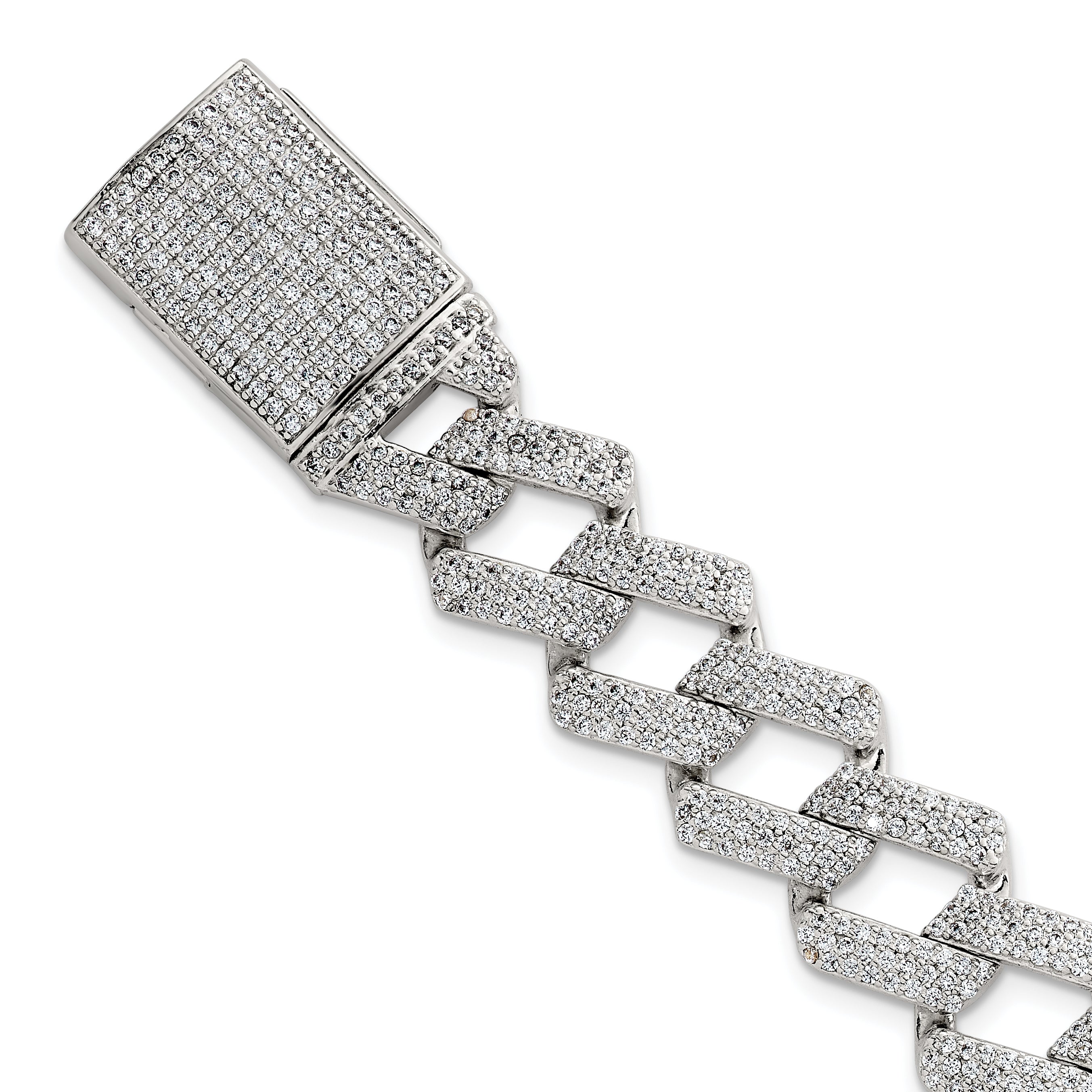 Sterling Silver Polished Fancy CZ Curb Link 8.5 Inch Mens Bracelet