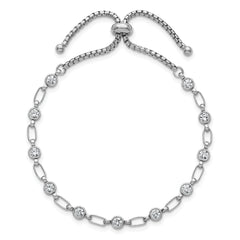 Sterling Silver Rhodium-plated Polished Round CZ and Rectangle Link Adjustable Bolo Bracelet
