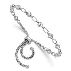 Sterling Silver Rhodium-plated Polished Round CZ and Rectangle Link Adjustable Bolo Bracelet