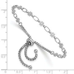 Sterling Silver Rhodium-plated Polished Flower and Rectangle Link Adjustable Bolo Bracelet