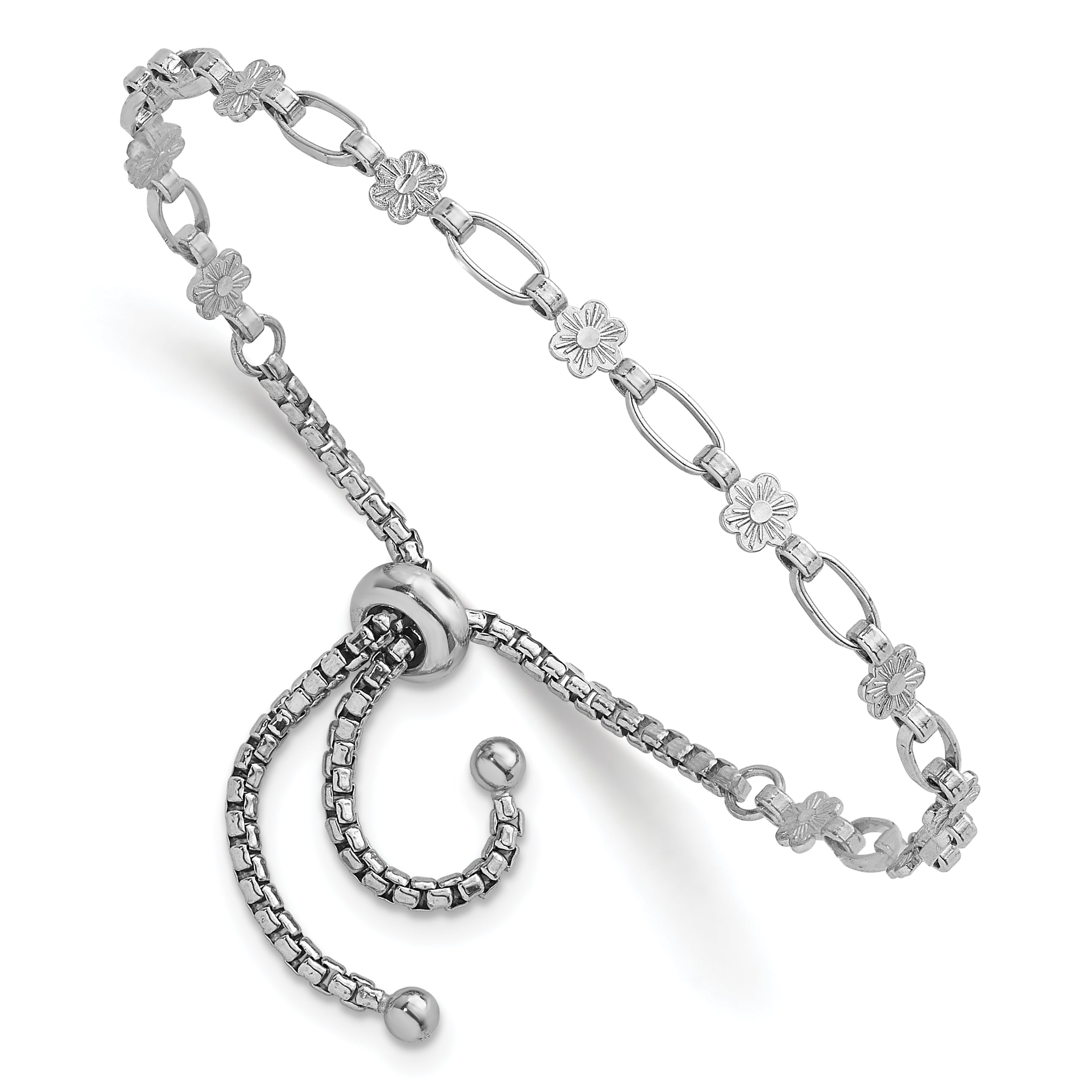 Sterling Silver Rhodium-plated Polished Flower and Rectangle Link Adjustable Bolo Bracelet