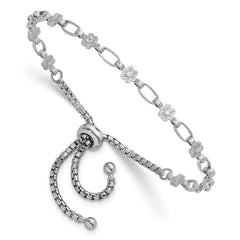Sterling Silver Rhodium-plated Polished Flower and Rectangle Link Adjustable Bolo Bracelet
