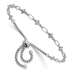 Sterling Silver Rhodium-plated Polished Cross and Rectangle Link Adjustable Bolo Bracelet