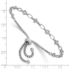 Sterling Silver Rhodium-plated Polished Round CZ and Cross Adjustable Bolo Bracelet
