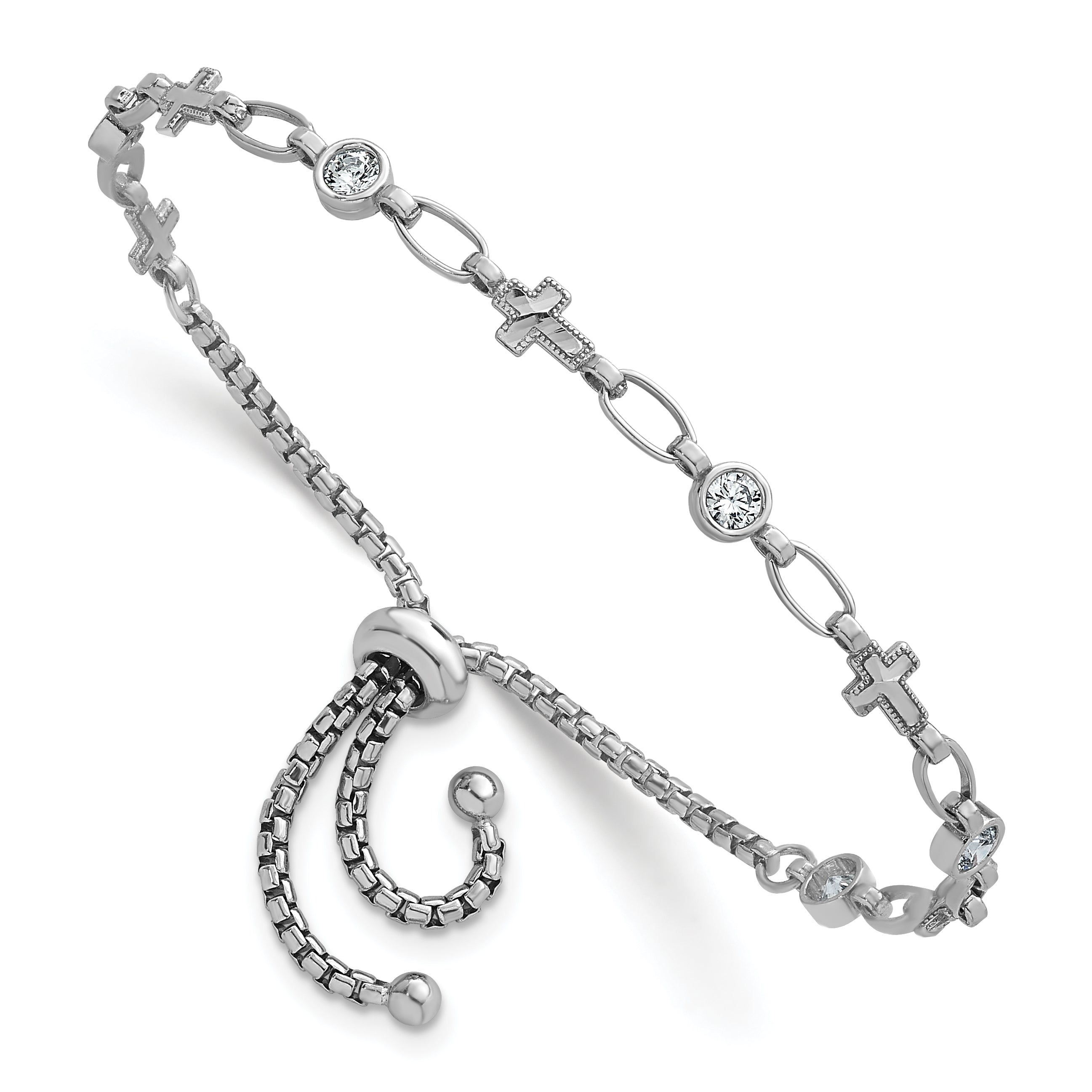 Sterling Silver Rhodium-plated Polished Round CZ and Cross Adjustable Bolo Bracelet