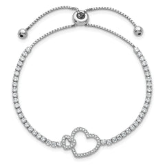 Sterling Silver Rhodium-plated Polished CZ Two Hearts Adjustable Bolo Bracelet