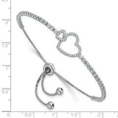Sterling Silver Rhodium-plated Polished CZ Two Hearts Adjustable Bolo Bracelet