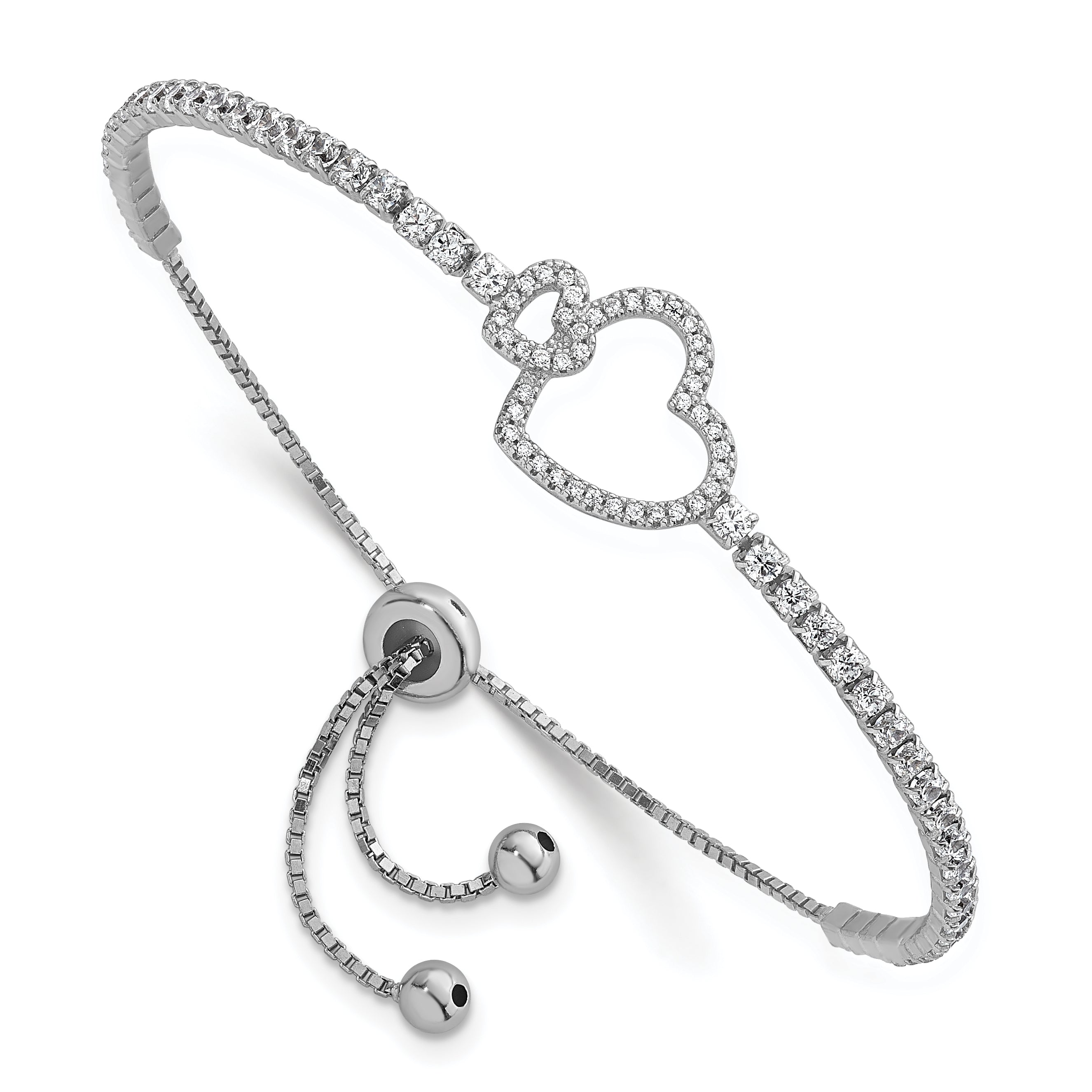 Sterling Silver Rhodium-plated Polished CZ Two Hearts Adjustable Bolo Bracelet