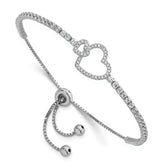 Sterling Silver Rhodium-plated Polished CZ Two Hearts Adjustable Bolo Bracelet