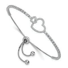Sterling Silver Rhodium-plated Polished CZ Two Hearts Adjustable Bolo Bracelet