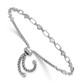 Sterling Silver Rhodium-plated Polished Heart and Rectangle Link Adjustable Bolo Bracelet