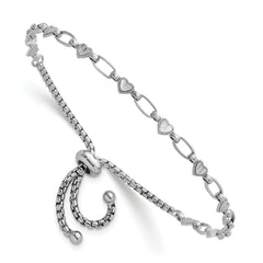 Sterling Silver Rhodium-plated Polished Heart and Rectangle Link Adjustable Bolo Bracelet