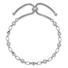 Sterling Silver Rhodium-plated Polished Round CZ and Diamond-cut Heart Adjustable Bolo Bracelet