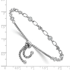 Sterling Silver Rhodium-plated Polished Round CZ and Diamond-cut Heart Adjustable Bolo Bracelet