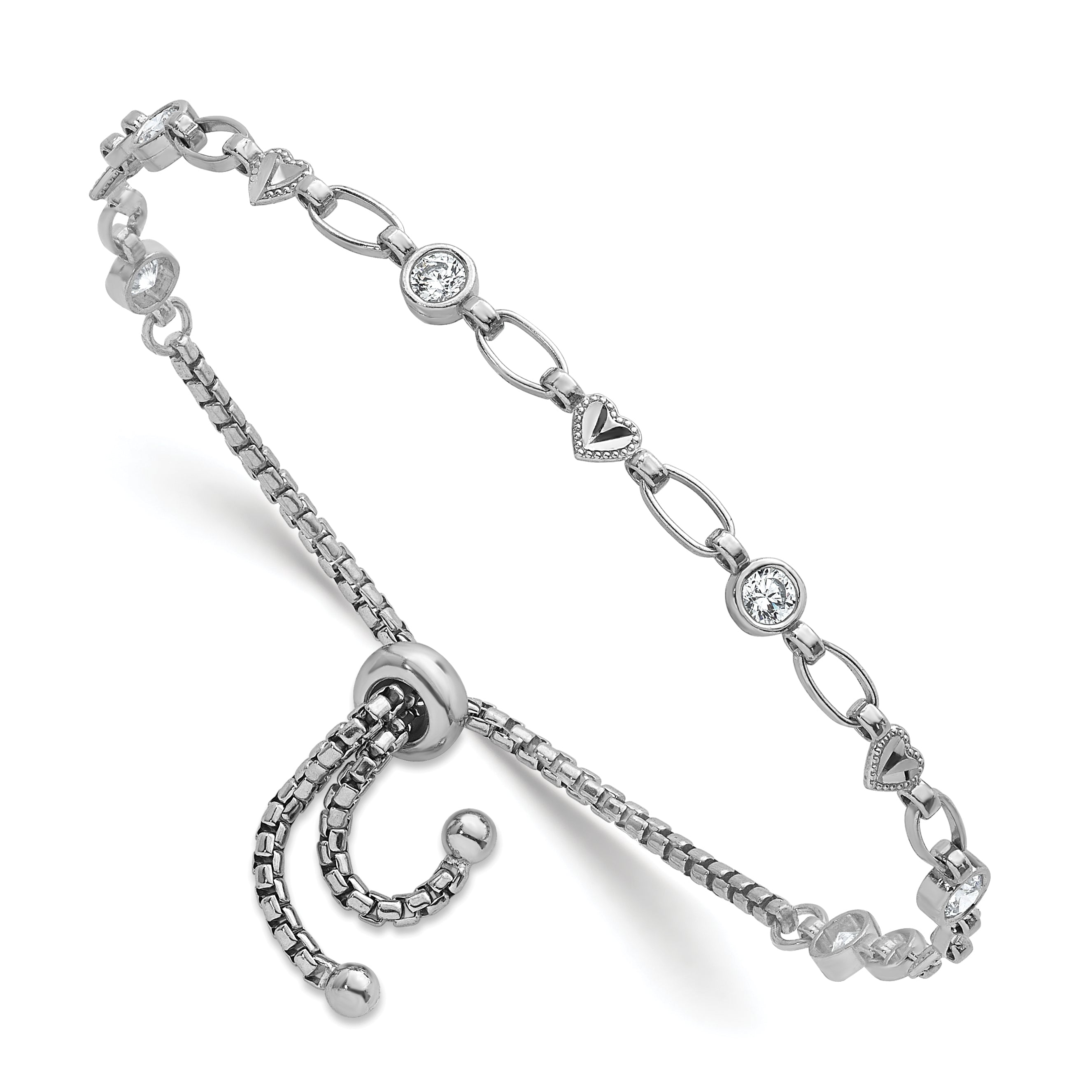 Sterling Silver Rhodium-plated Polished Round CZ and Diamond-cut Heart Adjustable Bolo Bracelet