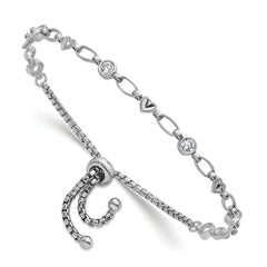 Sterling Silver Rhodium-plated Polished Round CZ and Diamond-cut Heart Adjustable Bolo Bracelet