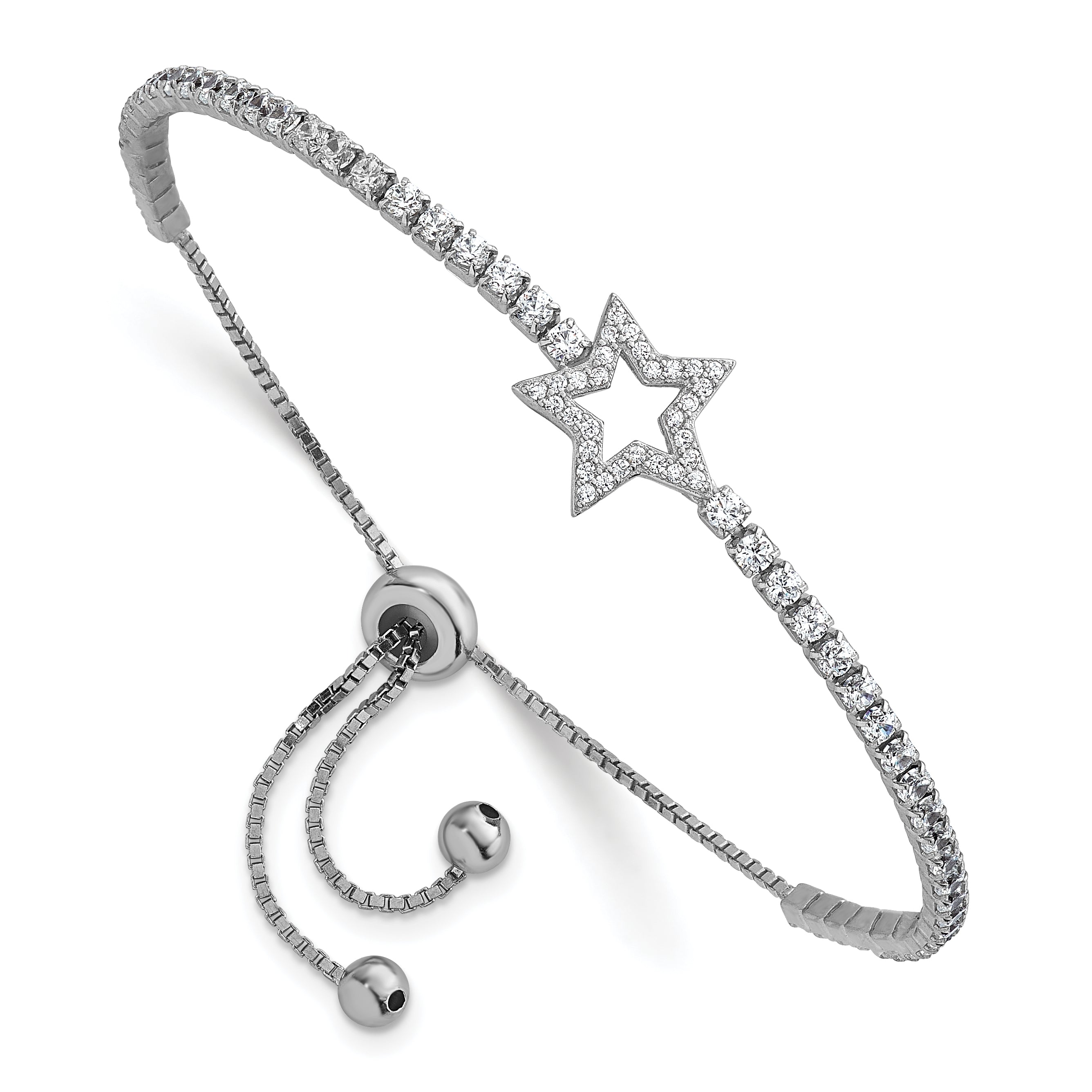 Sterling Silver Rhodium-plated Polished CZ Star Adjustable Bolo Bracelet