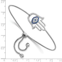 Sterling Silver Rhodium-plated Polished Lab Created Blue Spinel and White CZ Evil Eye Hamsa Adjustable Bolo Bracelet