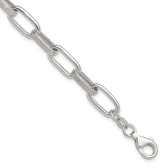 Sterling Silver Polished and Textured Oval Link 7 inch with 0.5 inch Extender Bracelet