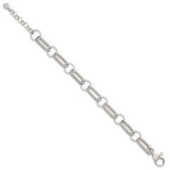 Sterling Silver Polished and Textured Oval and Round Link 7.5 inch with 1 inch Extender Bracelet