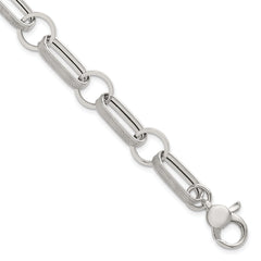 Sterling Silver Polished and Textured Oval and Round Link 7.5 inch with 1 inch Extender Bracelet