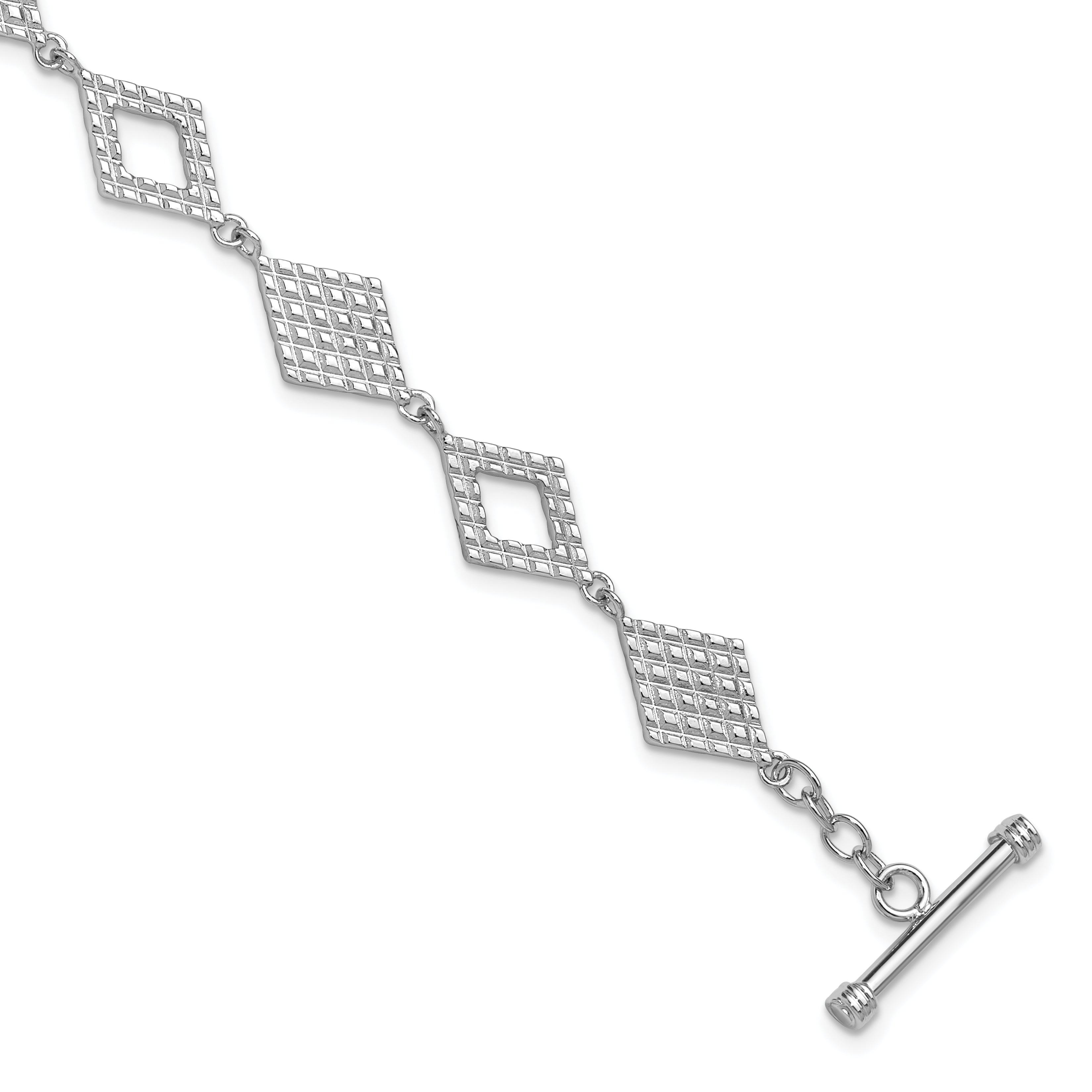 Sterling Silver Rhodium-plated Polished Diamond-Shape Textured 7.5 inch Toggle Bracelet