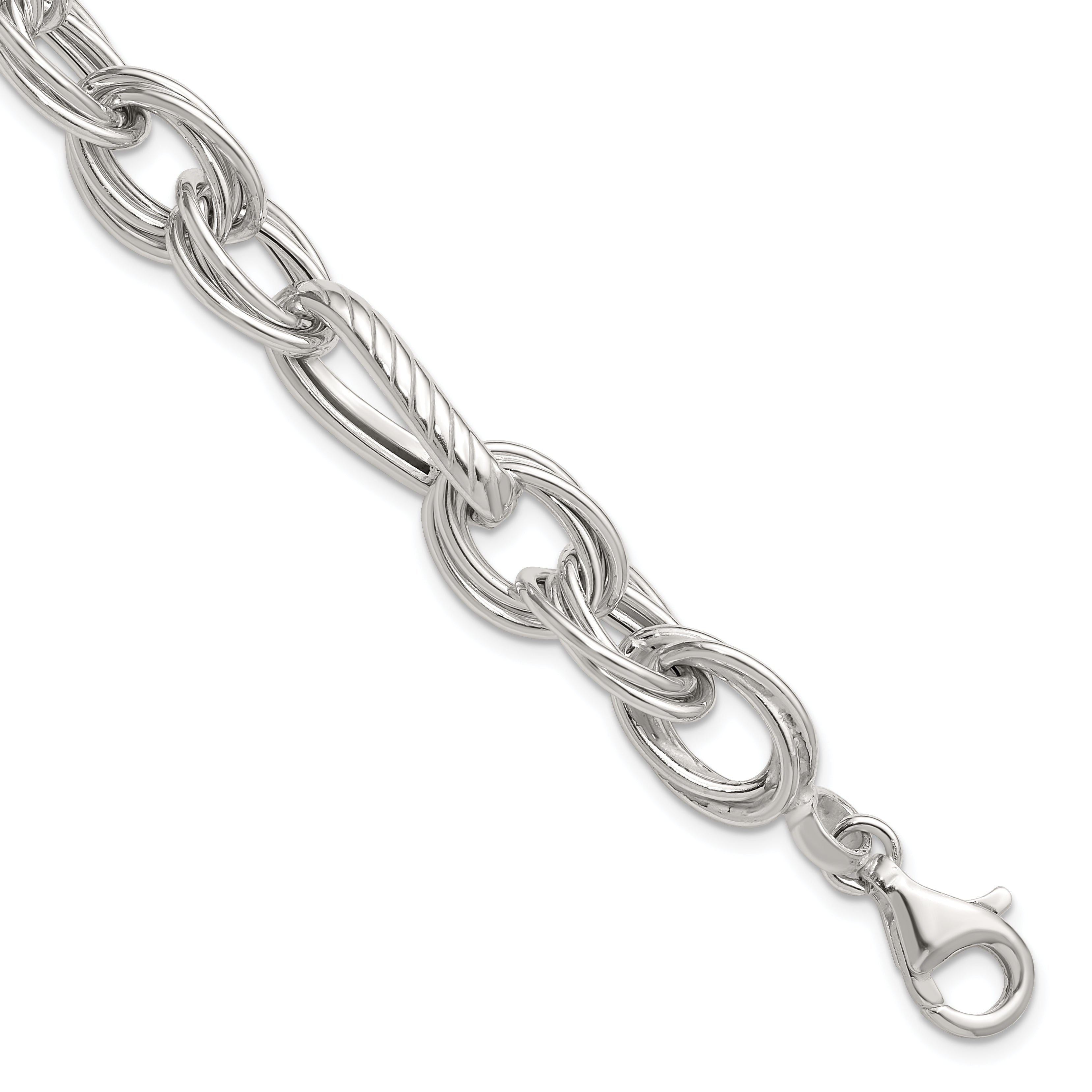 Sterling Silver Polished and Textured Triple Link and Twisted Link 8 inch Bracelet