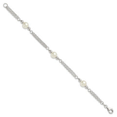 Sterling Silver Polished Double Strand with Glass Pearls 7.5 inch 3-Station Bracelet