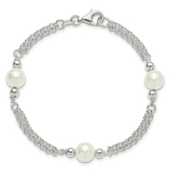 Sterling Silver Polished Double Strand with Glass Pearls 7.5 inch 3-Station Bracelet