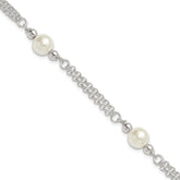 Sterling Silver Polished Double Strand with Glass Pearls 7.5 inch 3-Station Bracelet