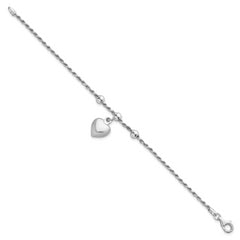 Sterling Silver Rhodium-plated Puffed Heart Dangle and Beads 7 inch Rope Chain Bracelet