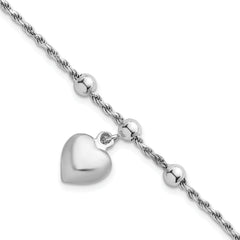 Sterling Silver Rhodium-plated Puffed Heart Dangle and Beads 7 inch Rope Chain Bracelet