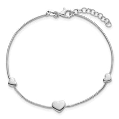 Sterling Silver Rhodium-plated Three Hearts 7 inch with 1 inch Extension Bracelet
