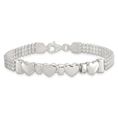 Sterling Silver Polished and Beaded 4-Hearts 7.25 Inch Bracelet
