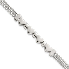 Sterling Silver Polished and Beaded 4-Hearts 7.25 Inch Bracelet