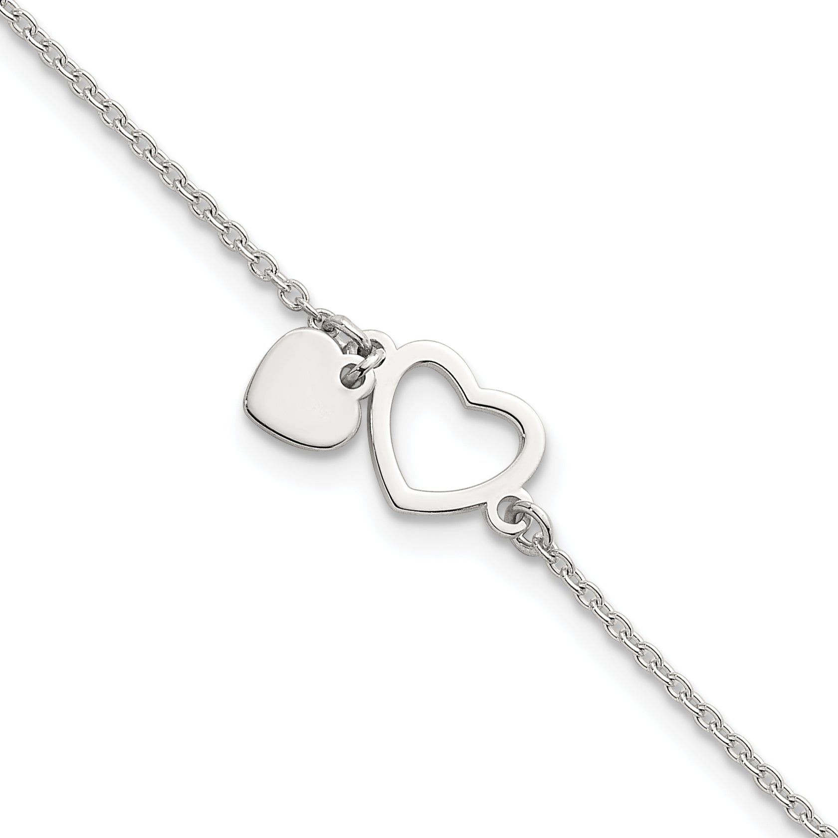 Sterling Silver Polished Double Heart 7 inch with 1 inch Extension Bracelet