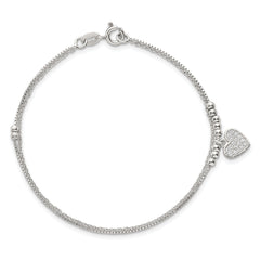 Sterling Silver Polished and Beaded with White CZ Heart Double Strand 7.5 inch Bracelet