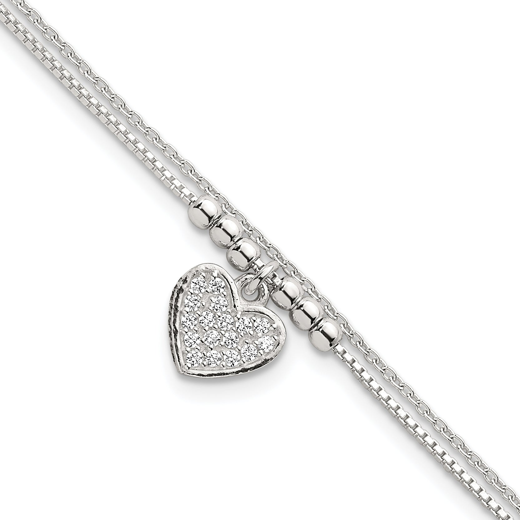Sterling Silver Polished and Beaded with White CZ Heart Double Strand 7.5 inch Bracelet