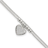 Sterling Silver Polished and Beaded with White CZ Heart Double Strand 7.5 inch Bracelet