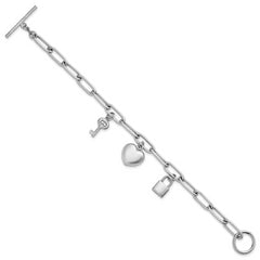 Sterling Silver Rhodium-plated Heart Lock and Key with CZ 7.5 inch Paperclip Chain Toggle Bracelet