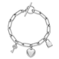 Sterling Silver Rhodium-plated Heart Lock and Key with CZ 7.5 inch Paperclip Chain Toggle Bracelet
